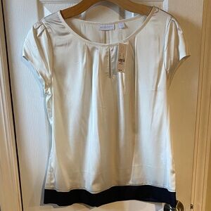 New York & Company Cream Blouse with Navy Hem